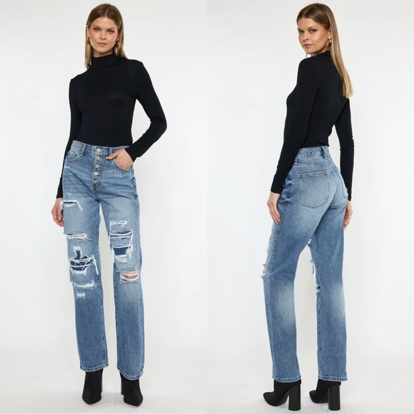 KanCan Denim - Kancan Womens Maddie Ultra High Rise 90s Boyfriend Jeans Size 26 Blue Distressed